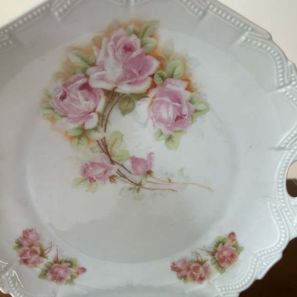 Vintage Porcelain Handled Pink Floral Cake or Serving Plate, garden party, - Picture 4 of 11